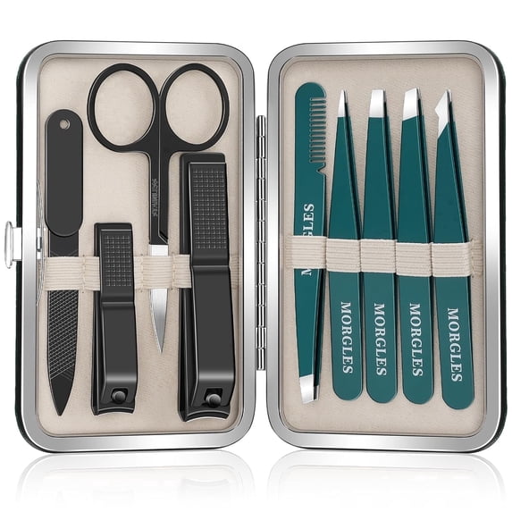 MORGLES 9 Pcs Tweezers & Nail Clipper Set – Stainless Steel Grooming Kit with Scissors, File & Leather Case – Dark Green