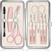 MORGLES Eyebrow Tweezers Kit, 8 Pcs Stainless Steel Precision Brow Shaping Set with Scissors, Razor, Brush & Travel Case, Pink