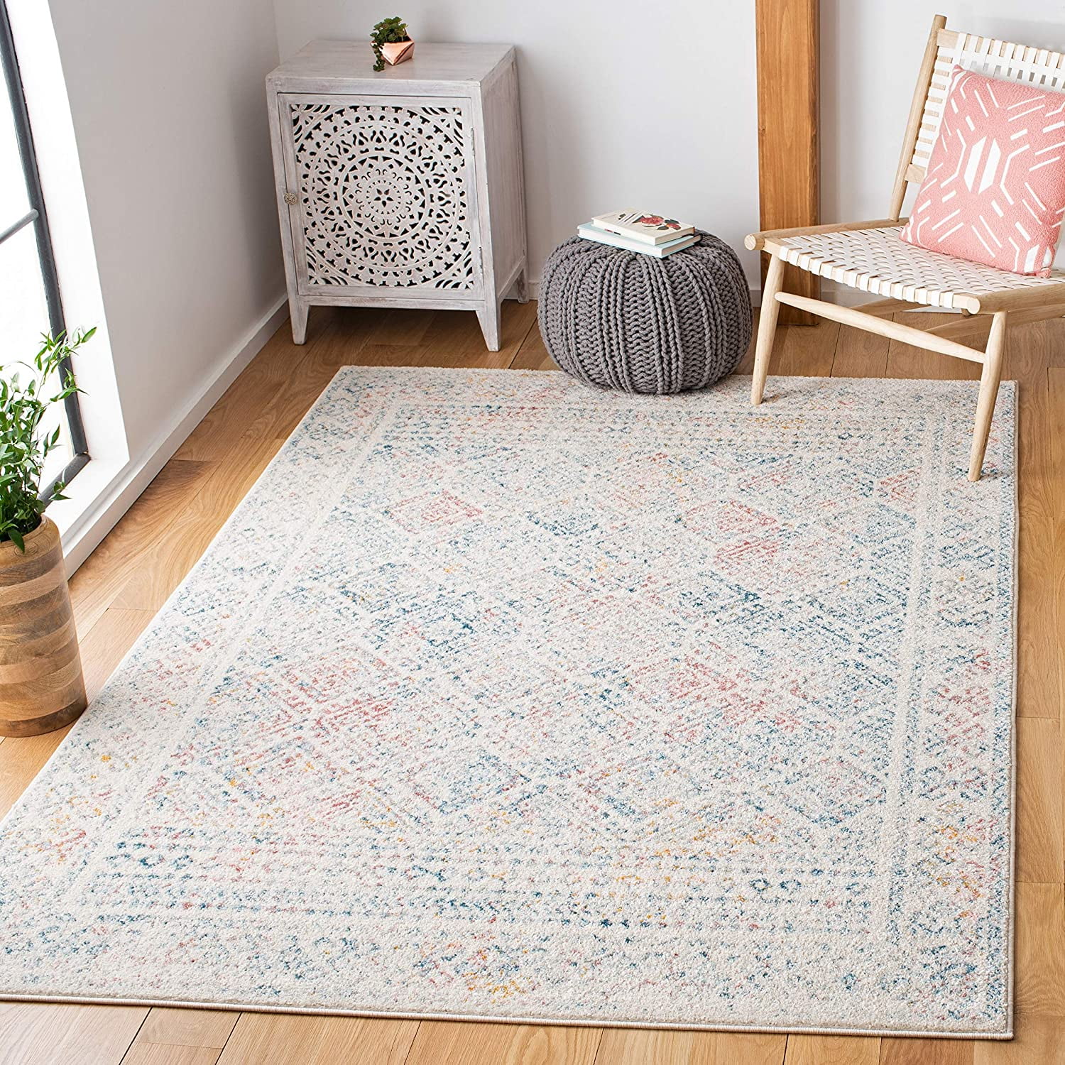 Ivory and Terracotta Round Synthetic Geometric Area Rug