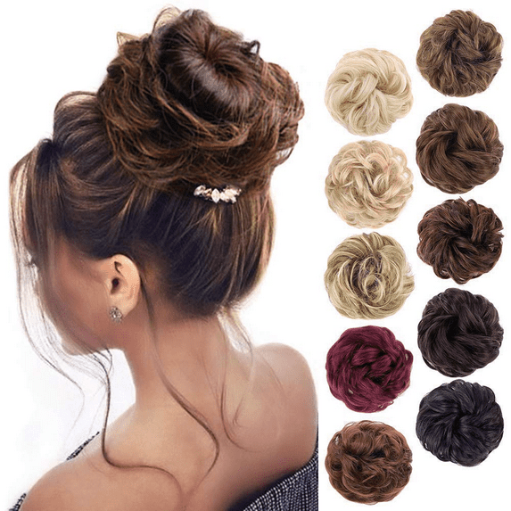 MORICA 1PCS Messy Bun Hair Scrunchies Curly Wavy Ponytail Chignon for Women Updo Hairpiece Darkest Brown & Light Auburn Mixed