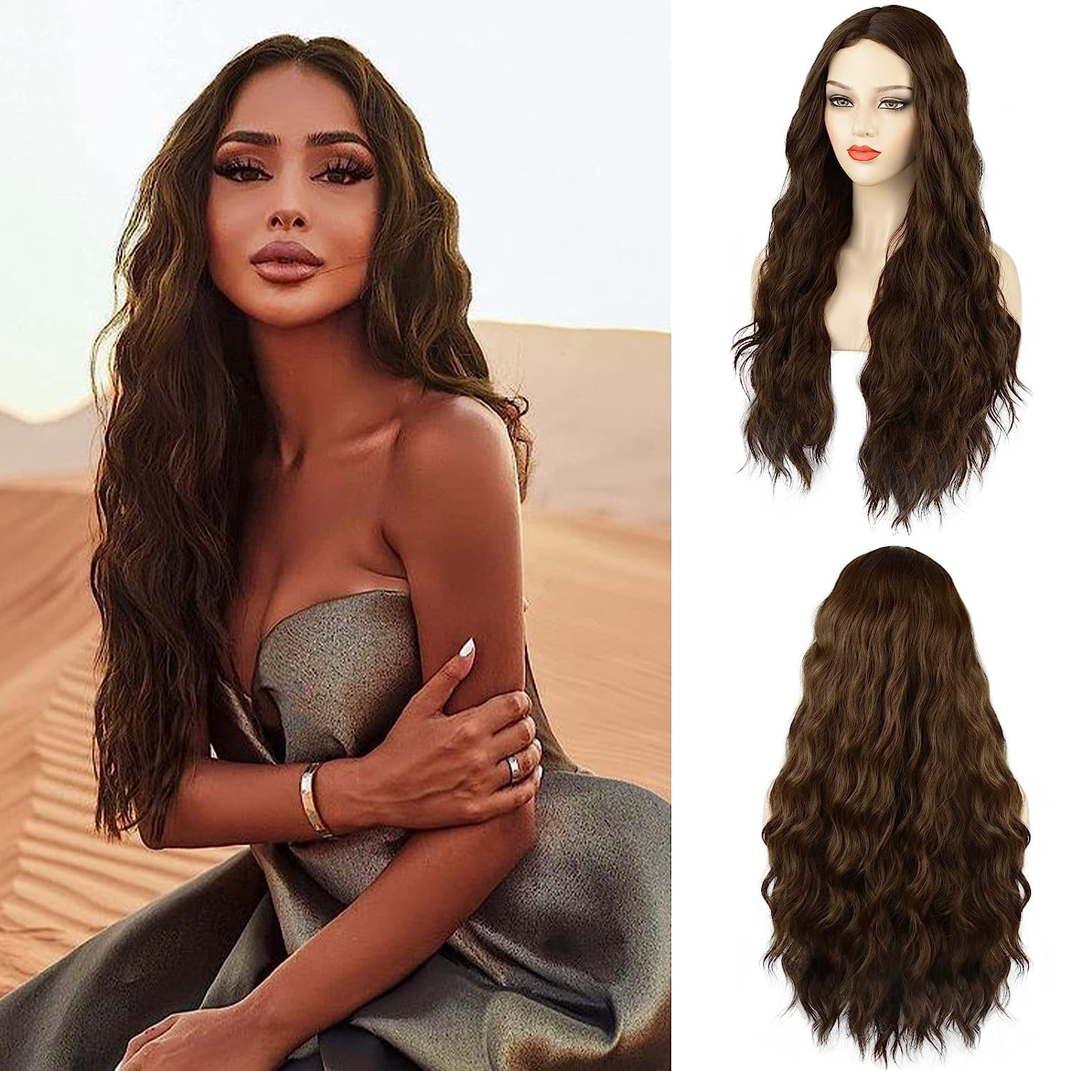 MORICA Brown Wigs for Women Long Wavy Brown Wig Natural Wave Dark