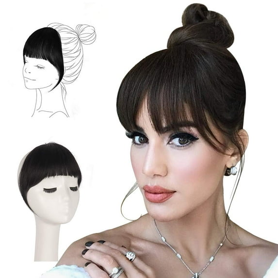 MORICA Clip in Bangs 105% Human Hair Extension Curved Bangs French Bangs Natural Black Hair Pieces Clip on Natural Flat Neat Bangs with Temples One Piece Hairpiece Extension for Women Girls