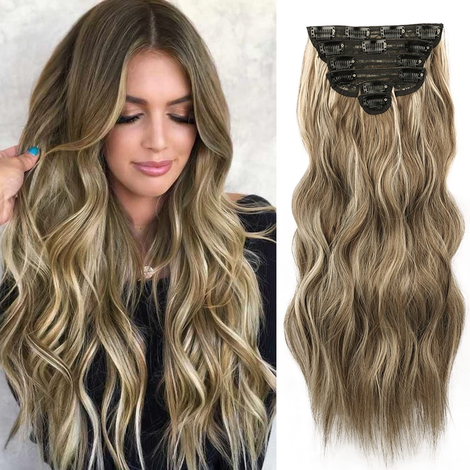 Highlight Extensions MORICA Clip in Hair Extension 20 Inch Brown Mix Ash Blonde Highlights ...