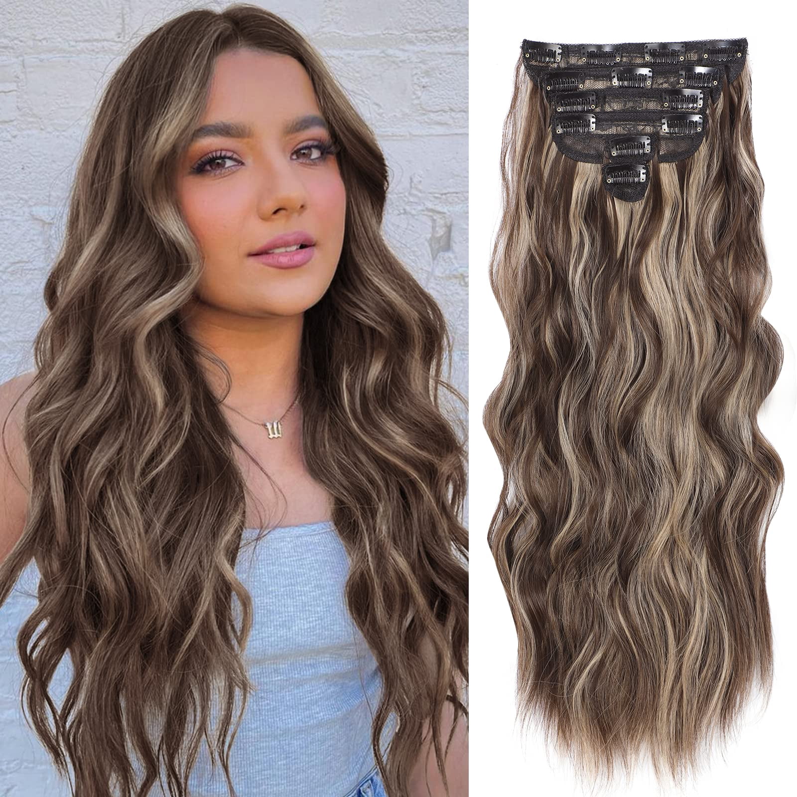 Clip In Hair Extensions Synthetic Dark Brown 20 Inch 6PCS Long Wavy Thick Flvaco 20 Inch Dark Brown Synthetic Clip In Hair Extensions  main image 4
