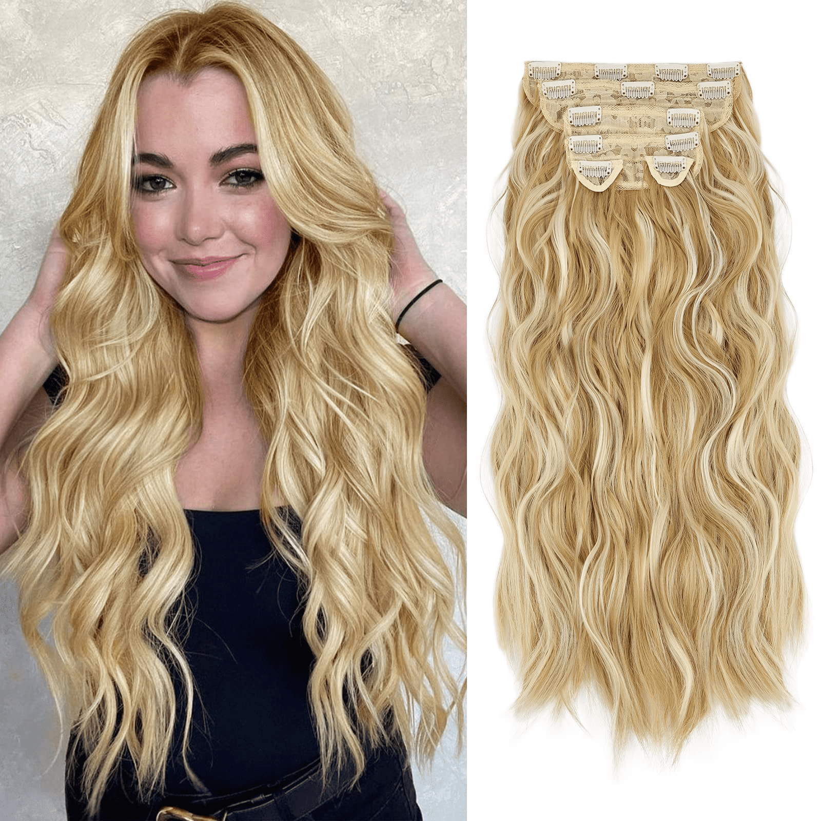 4PCS Clip in Hair Extensions Honey Blonde Mixed Light Brown 20 Inch Long  Wavy Synthetic Hair Extensions (4pcs, 20Inch, 22H10#) 20 Inch 22H10-Honey  Blonde Mixed Light Brown