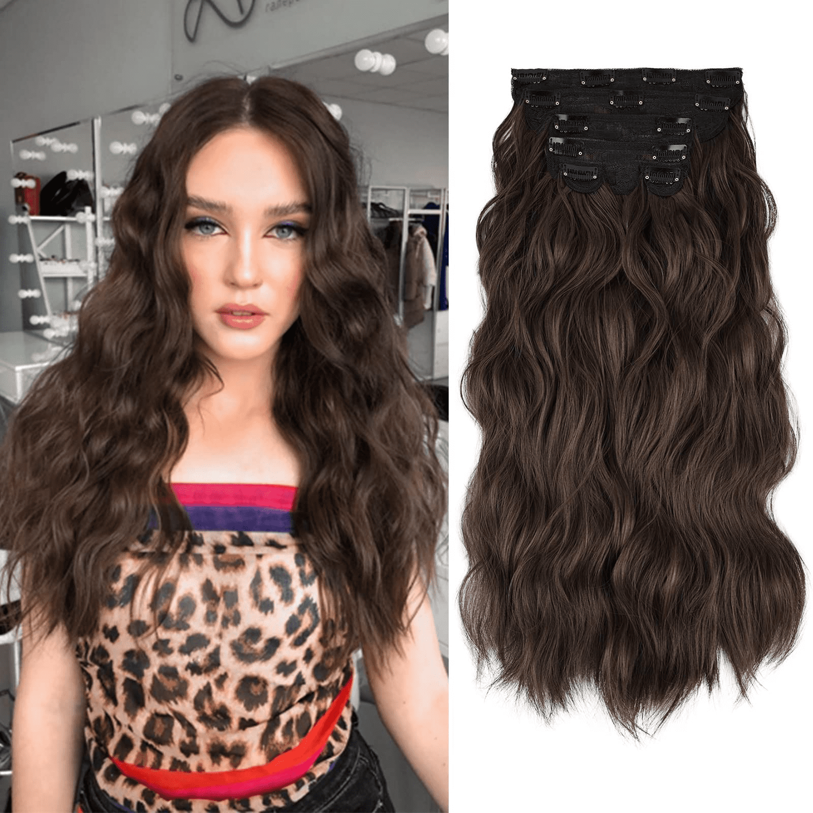 GX Beauty Clip in Hair Extensions Long Wavy 7 Pcs Invisible Clip Thick Hairpieces Black Hair Piece Soft Full Head Synthetic Fiber for Women, 22 Inches