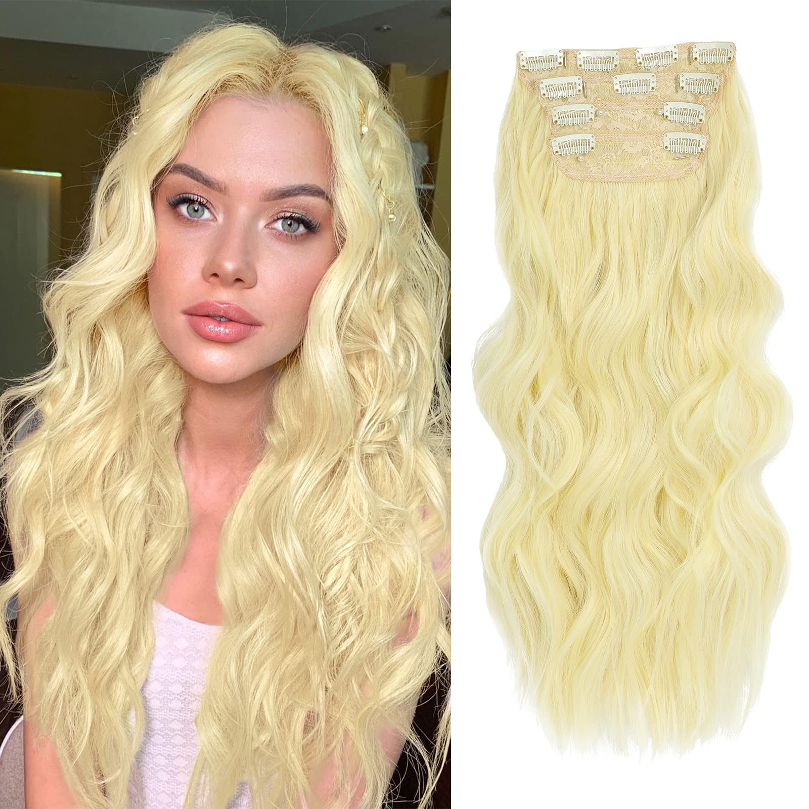 Clip in Hair Extensions - 4Pcs Thick Double Weft Hair 20 Inch Hair Extensions for Women Clip in, Bleach Blonde Extensions Clip ins