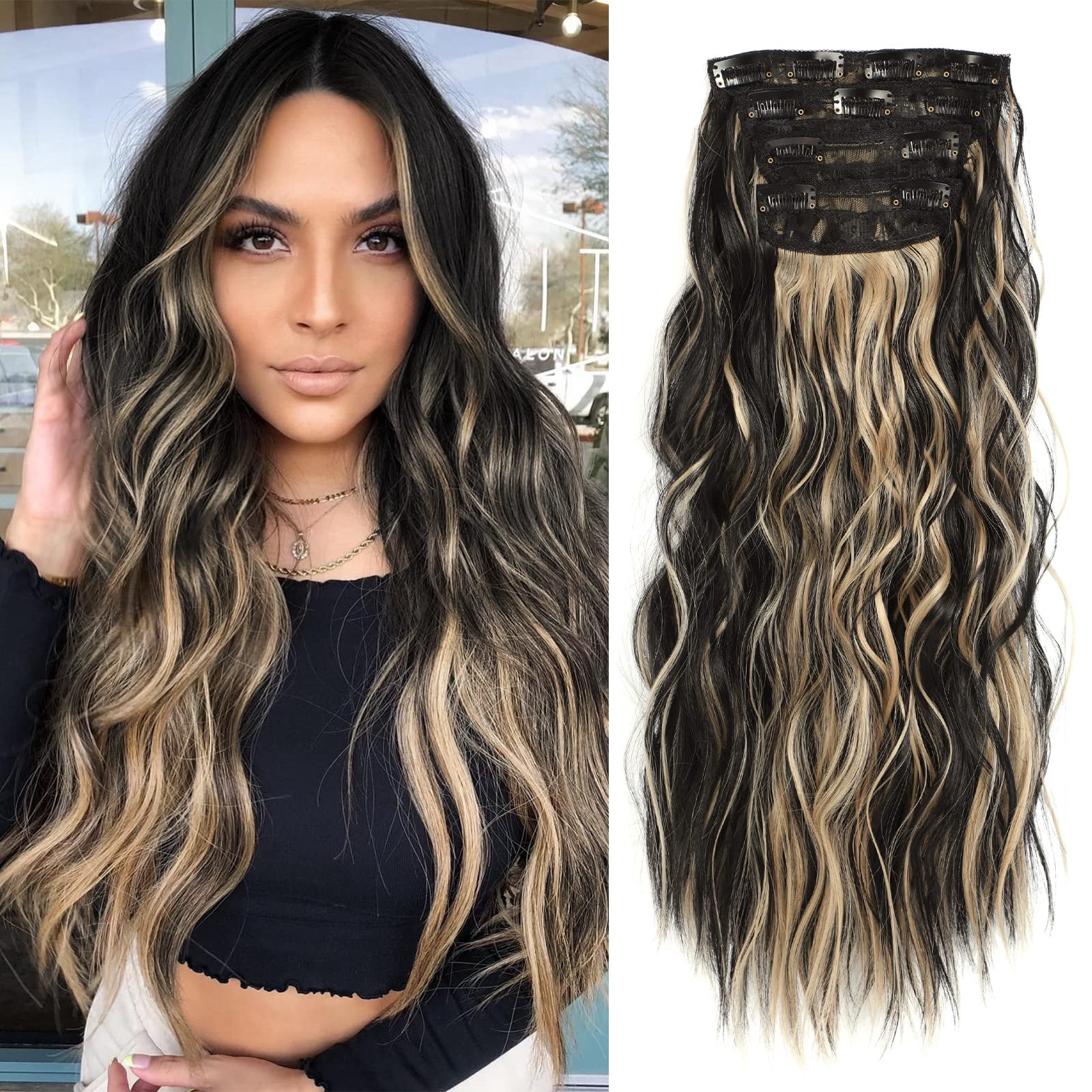 MORICA Clip in Hair Extension 20 Inch 6PCS Natural Long Wavy Curly Hairpieces for Women Thick Synthetic Fiber Double Weft Hair Full Head