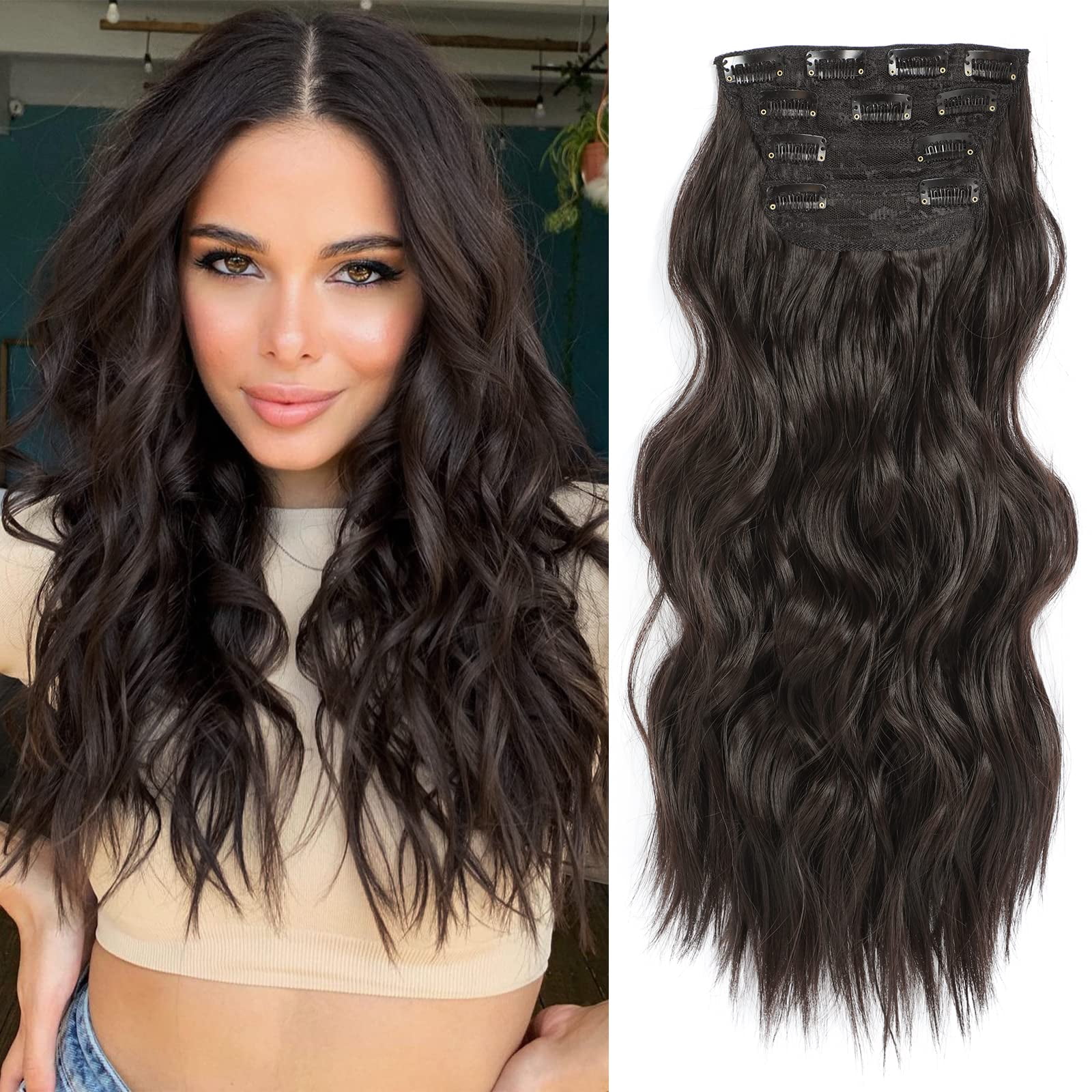 MORICA Clip in Hair Extensions - 4Pcs Thick Double Weft Hair 20 Inch Hair Extensions for Women Clip in, Soft Dark Brown Hair Extensions Clip ins