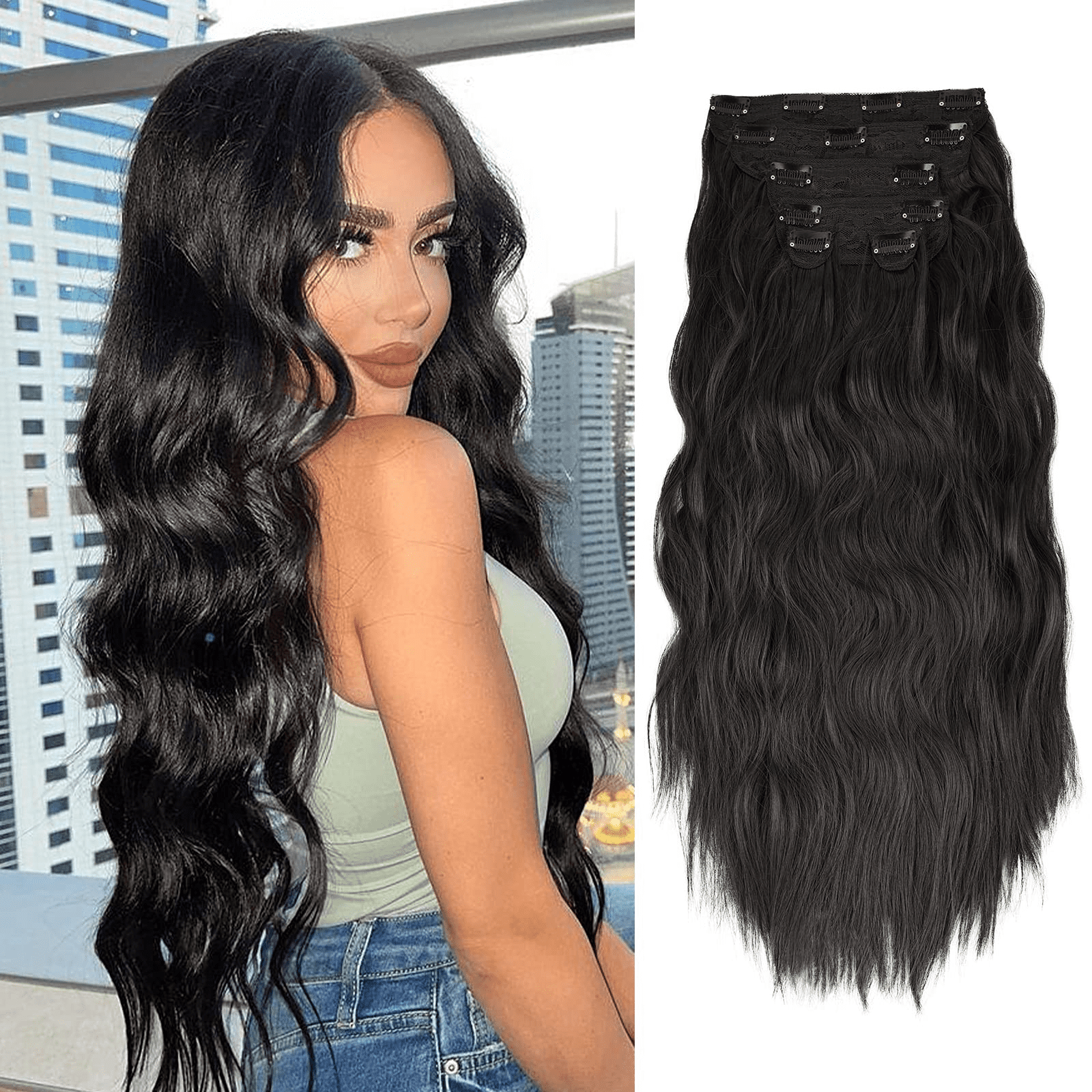 FREEMEIGE Clip in Hair Extensions,Black Hair Extensions for Women Straight Layered Hair Extensions Synthetic Heat Resistant Long Wavy Daily Use 20