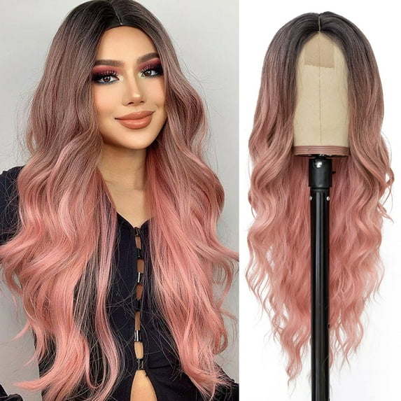 MORICA Cosplay Wig 26 Inch Ombre Pink Long Wavy Halloween Wig Natural Looking Cute Wigs for Daily Party