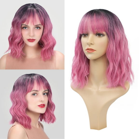 MORICA Curly Bob Wig with Bangs 12 inch Short Wavy Black Hot pink Wigs for Women Bang Wig Synthetic Wigs with Bangs