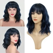 MORICA Curly Bob Wig with Bangs 12 inch Short Wavy Black Mix Light Blue Wigs for Women Bang Wig Synthetic Wigs with Bangs