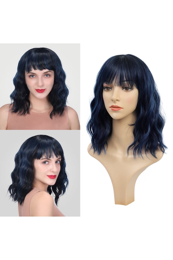 Curly Bob Wig with Bangs 12 inch Short Wavy Black Mix Light Blue Wigs for Women Bang Wig Synthetic Wigs with Bangs