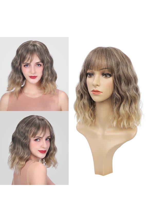 Curly Bob Wig with Bangs 12 inch Short Wavy Grey Blonde Wigs for Women Bang Wig Synthetic Wigs with Bangs