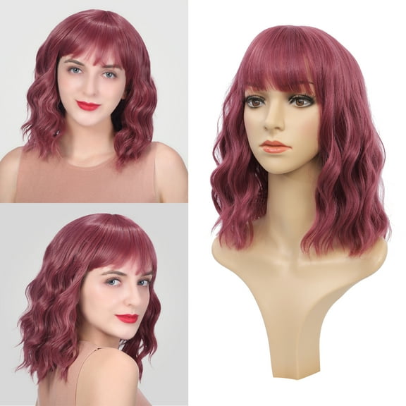 MORICA Curly Bob Wig with Bangs 12 inch Short Wavy Light Wine Red Wigs for Women Bang Wig Synthetic Wigs with Bangs