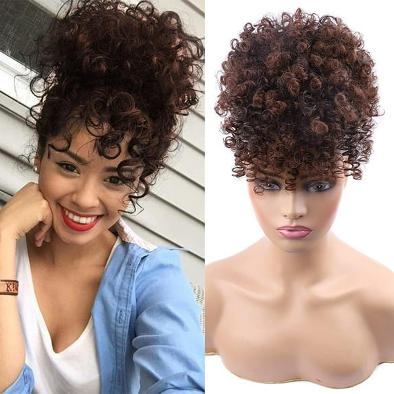 MORICA Drawstring Ponytail with Bangs Afro Puff Ponytail Extensions for Women Short Curly Puff Ponytail with Bangs Clip in Wrap Updo Hairpiece for Women (2-33#)