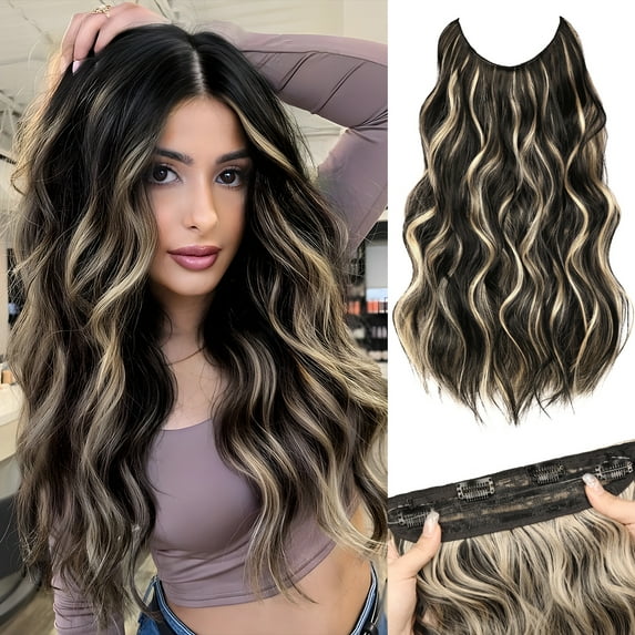 MORICA Invisible Wire Hair Extensions 20 Inch Balck Mix Blonde Long Wavy Synthetic Hairpiece with Transparent Wire Adjustable Size, 4 Secure Clips for Women