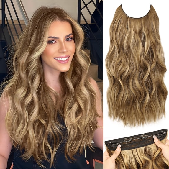 MORICA Invisible Wire Hair Extensions 20 Inch Brown Mixed Blonde Long Wavy Synthetic Hairpiece with Transparent Wire Adjustable Size, 4 Secure Clips for Women