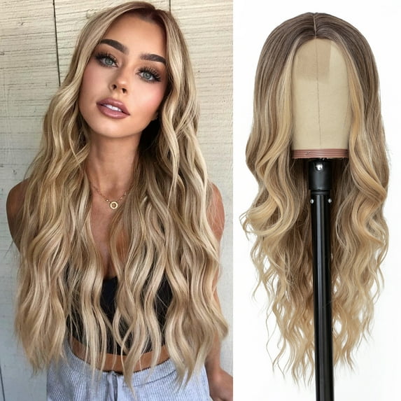 MORICA Long Wavy Wig 26 Inch Ombre Blonde Wigs for Women Natural Looking Cute Wigs for Daily Party
