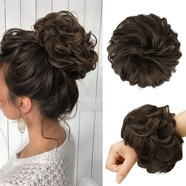 MORICA Messy Bun Hair Piece Wavy Curly Large Dark Brown & Light Auburn ...