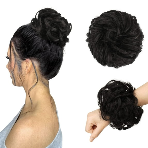 MORICA Messy Bun Hair Piece Wavy Curly Large Darkest Brown Hair Bun Scrunchies Extensions Synthetic Tousled Updo Hairpieces for Women Girls