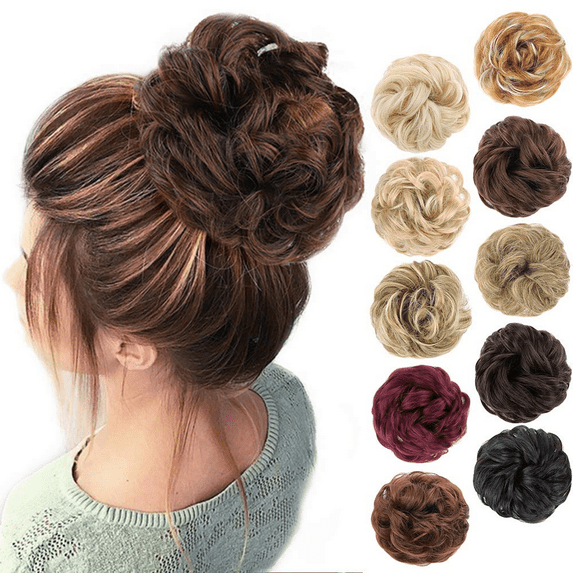MORICA Messy Bun Hair Scrunchies Curly Wavy Ponytail Chignon for Women Updo Hairpiece Dark Brown & Light Auburn Mixed