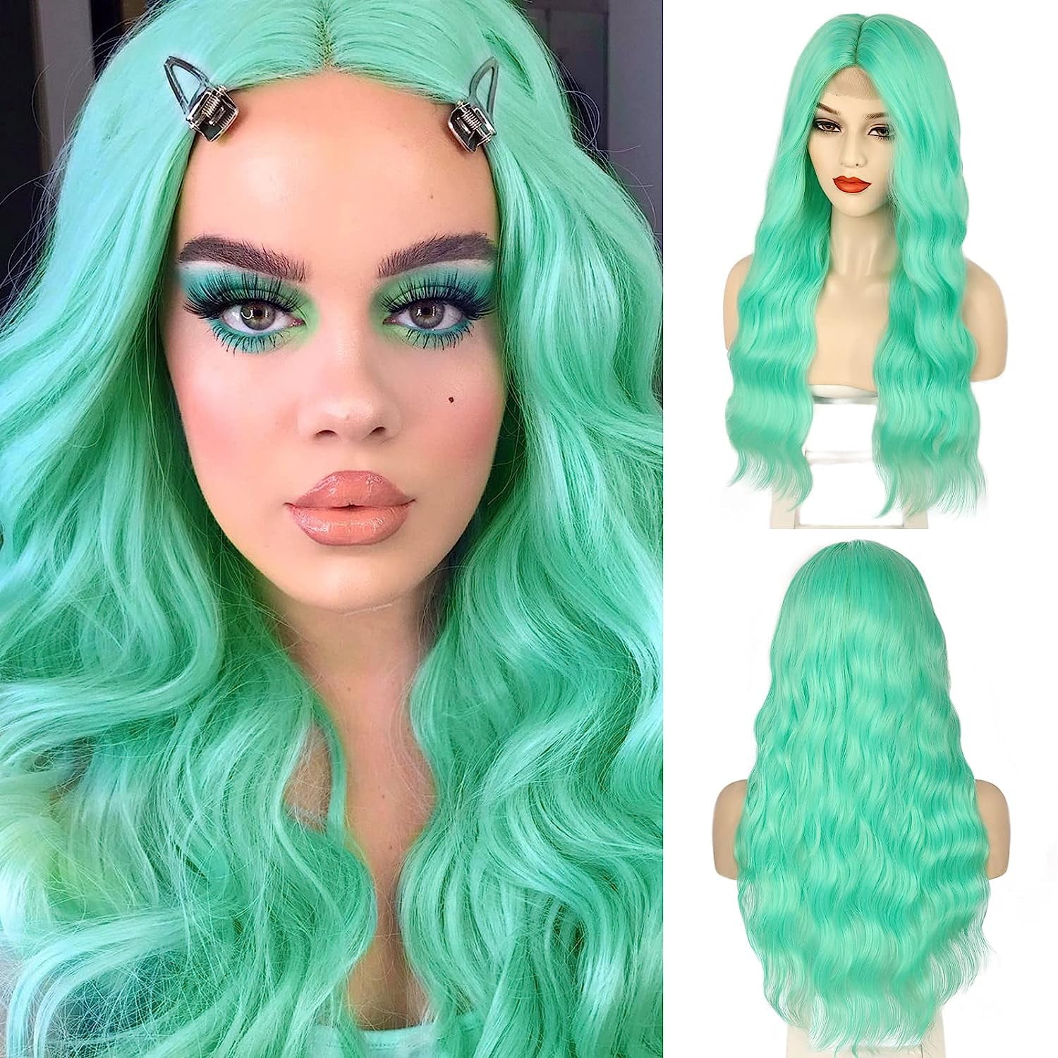 MORICA Mint Green Wigs for Women Long Middle Part Wavy Wig for Daily