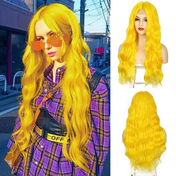 MORICA Yellow Wigs for Women 28inch Long Yellow Wavy Wigs Heat Synthetic Wig Middle Part Wavy Wig for Daily Use Cosplay Wig