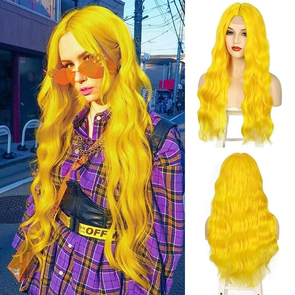 MORICA Yellow Wigs for Women 28inch Long Yellow Wavy Wigs Heat Synthetic Wig Middle Part Wavy Wig for Daily Use Cosplay Wig