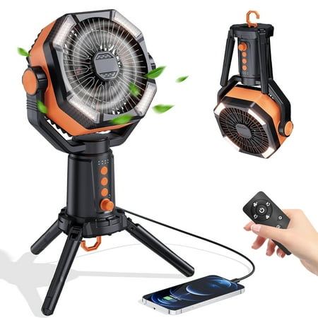 MORIKO 18” 8-Speed Foldable Rechargeable Tripod Fan with LED Lantern and Remote Control, Black