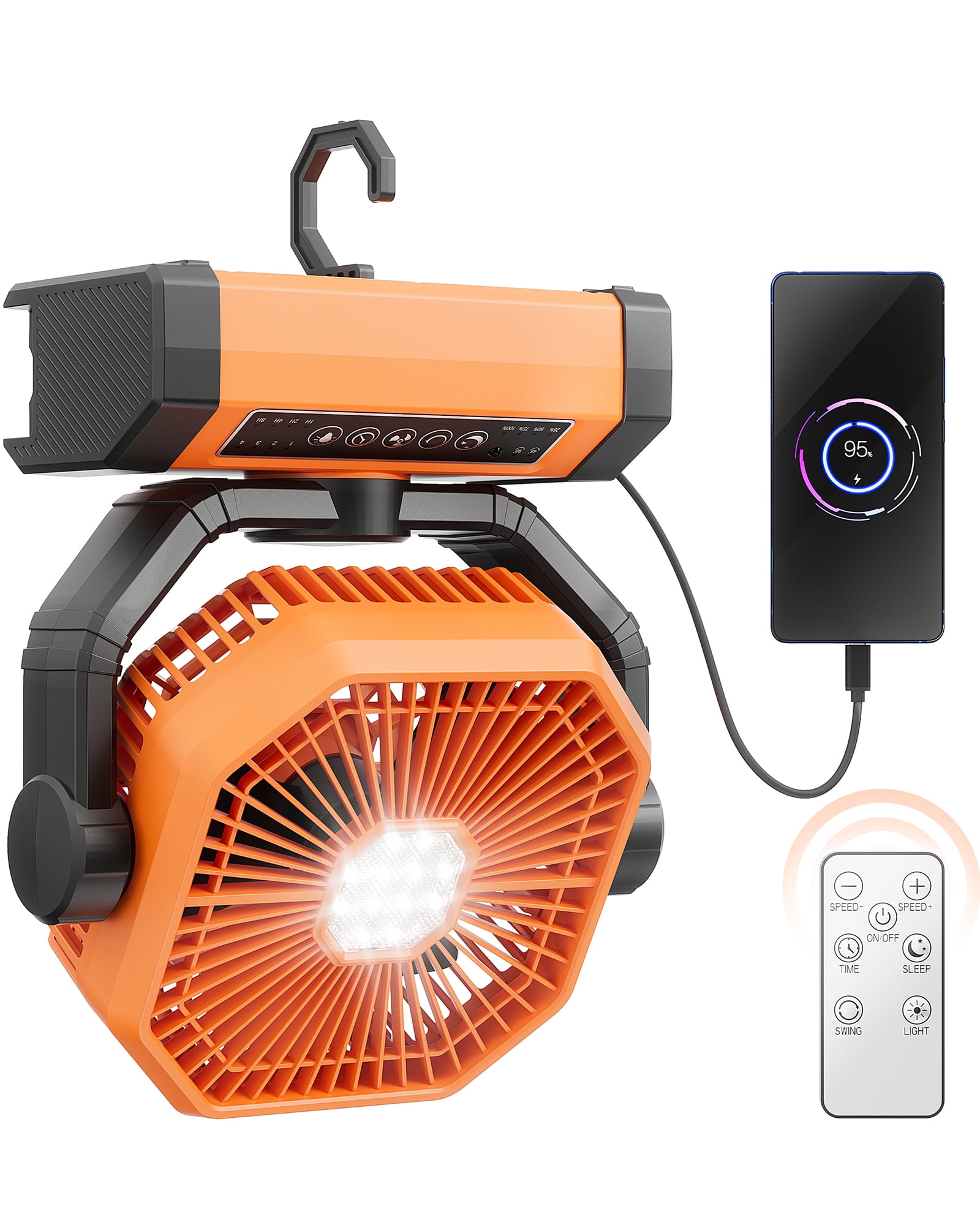 Orange Portable Battery Operated Tabletop Fan with LED Lantern