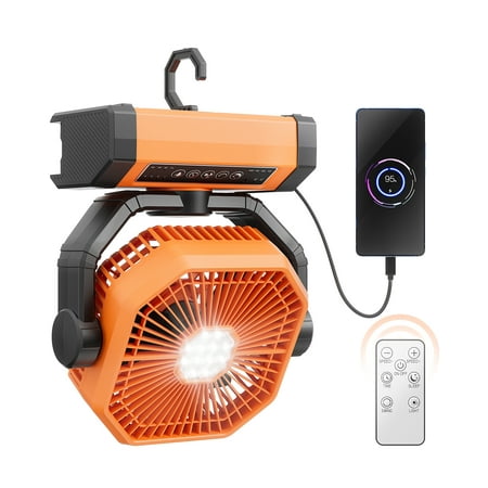 MORIKO Portable Camping Fan Battery Operated Fan, 20000mAh Rechargeable Ventilator w/ LED Lantern, Remote, Hook, Timer, 270° Pivot 90° Oscillating 4 Speed Quiet Brushless Motor, for Outdoor Tent Patio