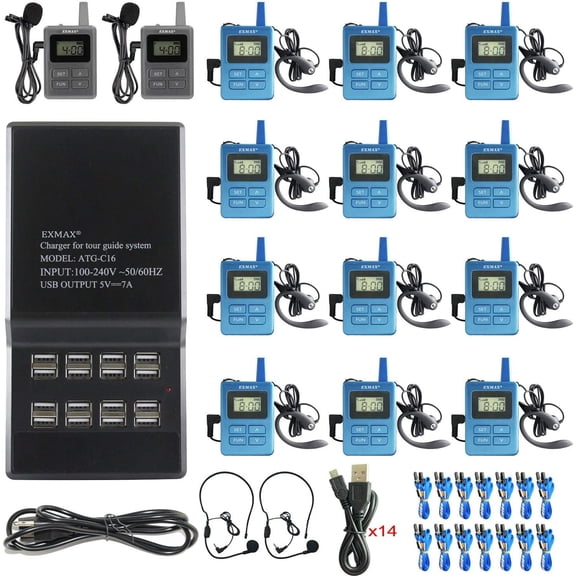 EXMAX ELGT-470 Wireless Headset Assistive Listening System Interpreting Equipment 100 Channels for Conference,Walking Tour,Court of Law(2 Transmitters & 12 Receivers with 16-port USB Charger Base)
