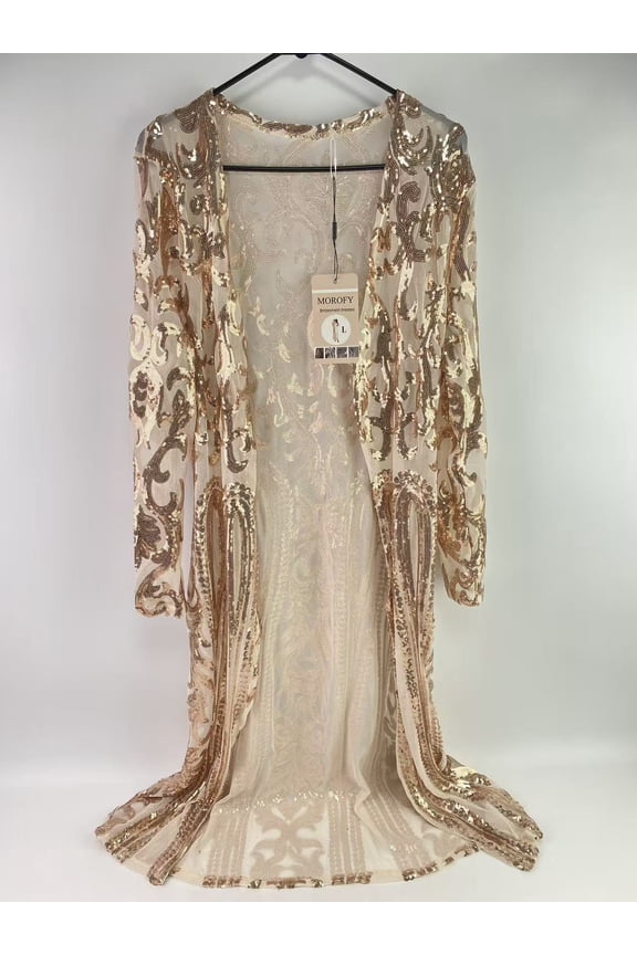 Bridesmaid dresses,Women Beige Totem Sequin Sparkly Long Sleeve Mesh Cardigan Cloak for Party Prom - L