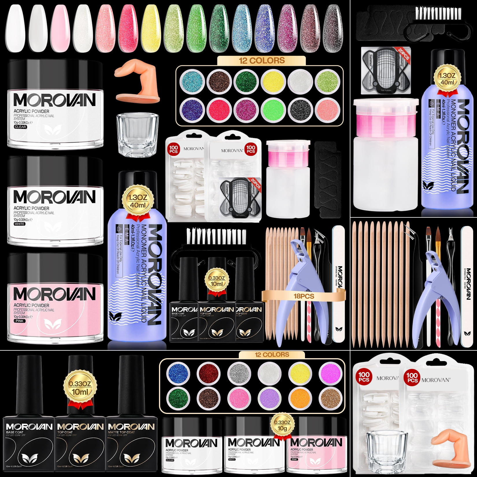 MOROVAN Super Value Nail Art Set; Gel Primer Kit;PINK CLEAR WHITE acrylic powder combination, one bottle of 40ML Nail Liquid a tool kit with nail clippers,and12color glitter powder