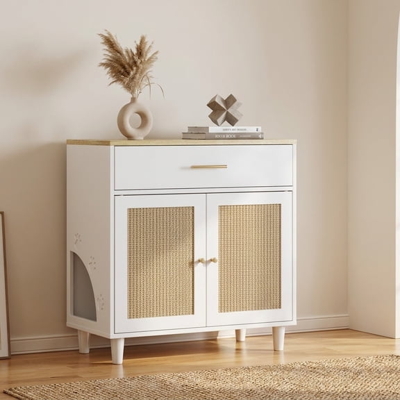 MORPAZX Cat Litter Box Enclosure with Scratch Pad, Wooden Pet House Cabinet, White