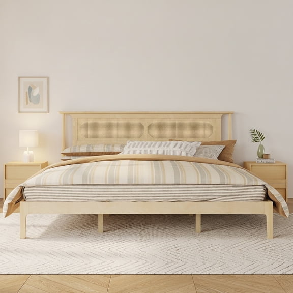 MORPAZX King Size Pine Wood Bed Frame with Rattan Headboard, Natural