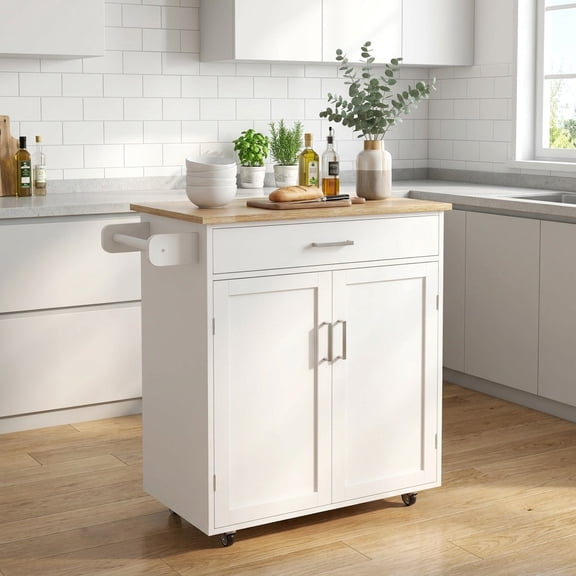 MORPAZX Kitchen Island Cart with Adjustable Shelves, Towel Rack, Rubber Wood Top, White