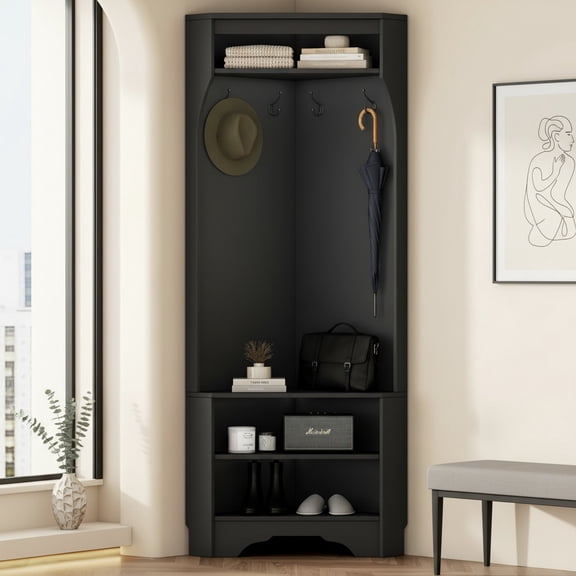 MORPAZX Minimalist Corner Hall Tree with Shoe Bench, Coat Rack with Hooks, Black