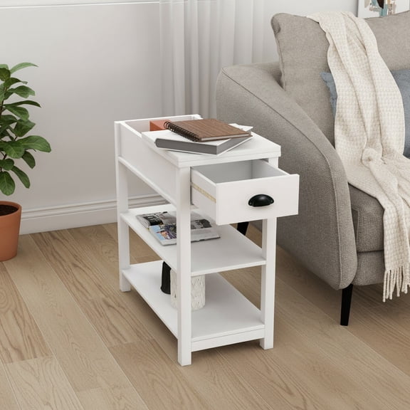 MORPAZX Narrow Side Table with Drawers and Flip Over Design, White