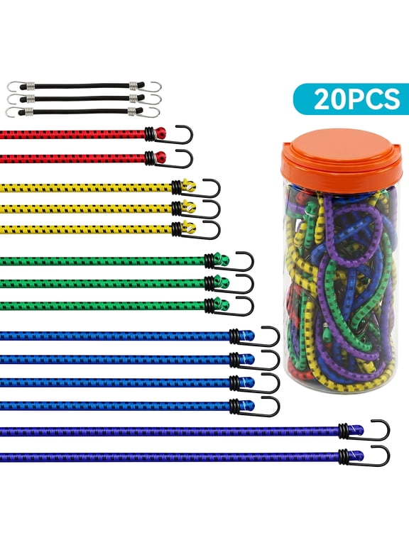 Bungee Cords with Hooks, Heavy Duty Latex, Assorted Sizes, 20 Pack