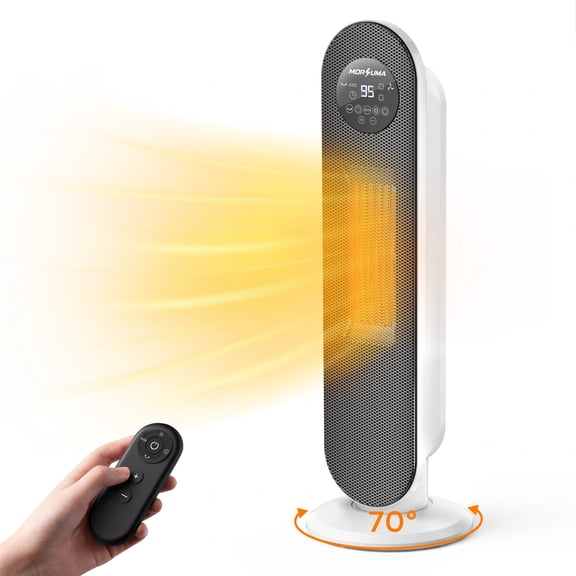 MORSUMA Electric Space Heater, 25 in, 1500W Ptc Ceramic Heating, Remote Control, Eco Mode, Timer, LED Display, White