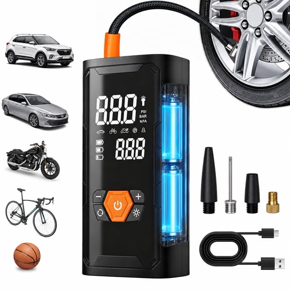 MORSUMA Cordless Portable Air Compressor 150 PSI 3000mAh with LED Light, Black and Orange