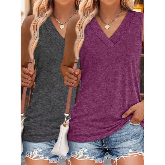 MORTTIC 2-Pack Women's Solid Color V-Neck Sleeveless Tank Tops Loose Fit Casual Tees Basic Tops for Summer Comfortable Daily Wear