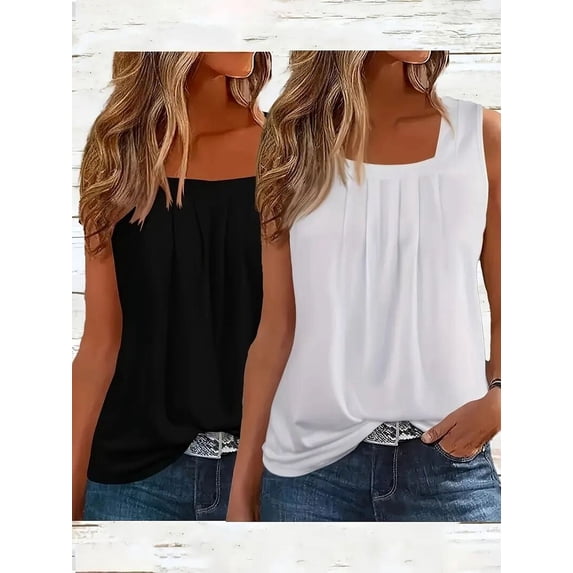 MORTTIC 2-Pack Women's Summer Tank Tops - Loose Fit, Pleated Square Neck, Sleeveless Design with Curved Hem and Flowy Style, S