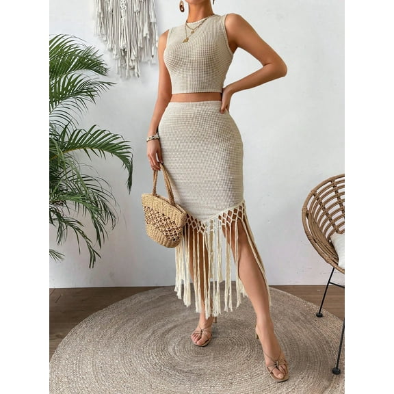 MORTTIC 2-Piece Skirt Set for Women, Sleeveless Crop Top and Bodycon High-Waist Skirt, Summer Beach Outfit, L