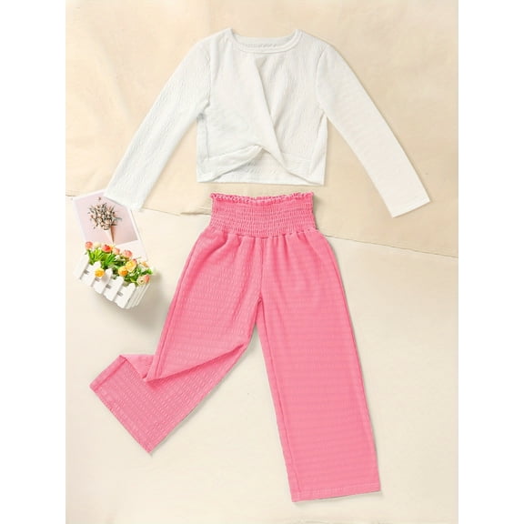 MORTTIC 2Pcs Toddler Girls Outfits Long Sleeve Wrapped Front Design Crop Top   Wide Leg Long Pants Sets
