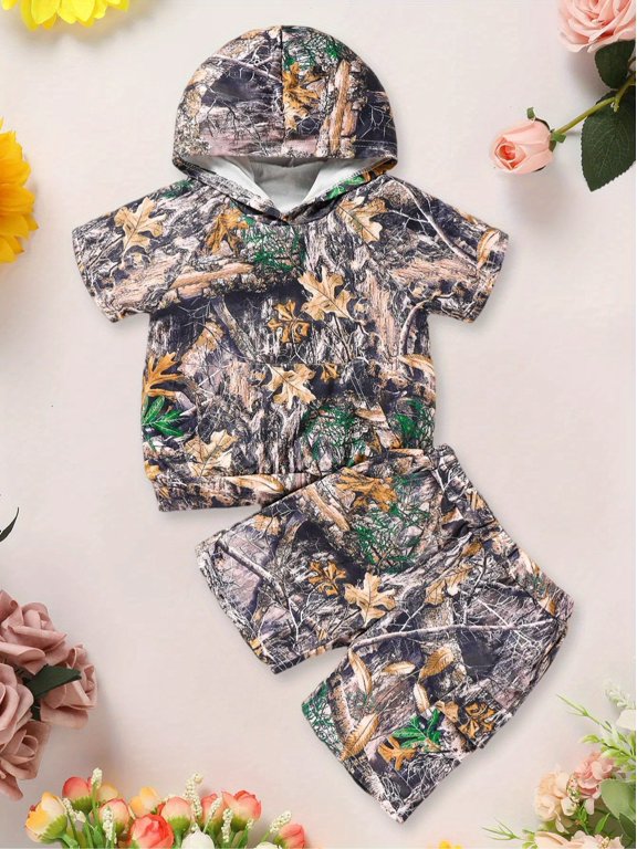 2pcs Toddler Boys' Camouflage Hoodie and Shorts Set Casual Spring/Summer Outfit with Pockets, Soft Polyester, Comfortable and Stylish for Outdoor Play