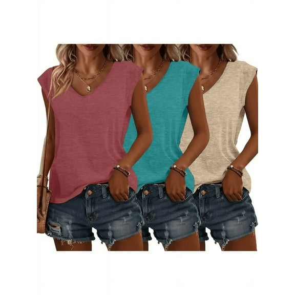 MORTTIC 3-Pack Women's Cap Sleeve V-Neck Tank Tops, Casual Loose Fit Basic Tees for Spring & Summer